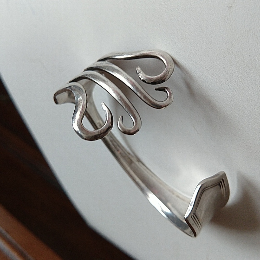 Sterling silver 925 bracelet cuff vintage fork upcycled folk art